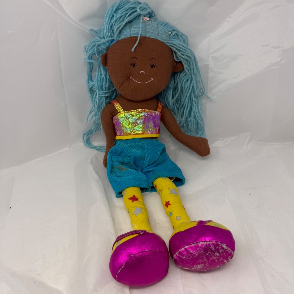 Sugarloaf Creations Plush Rag Doll Blue Yarn Hair Metallic Top Star Leggings Y2K